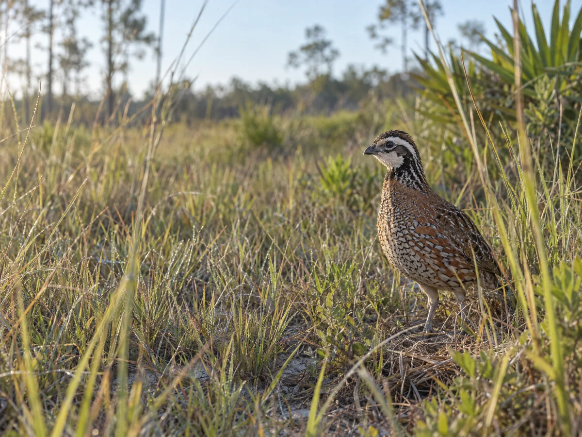 Northern bobwhite quail standing in native grass habitat
