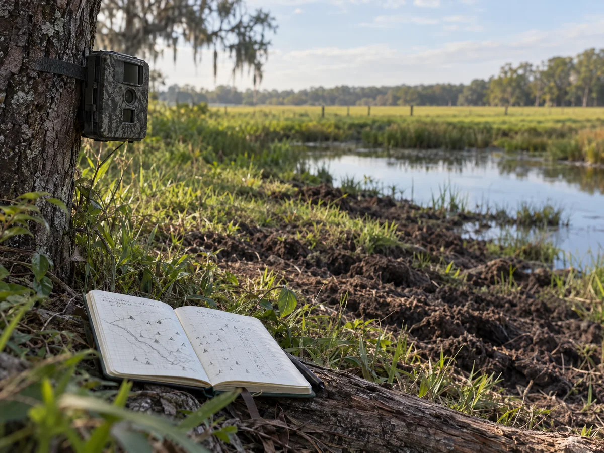 Trail camera and field notebook beside a pasture wetland